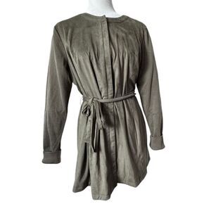 H Halston Green Coat Trench Velour Lined Retro Knit Sleeves SZ 12